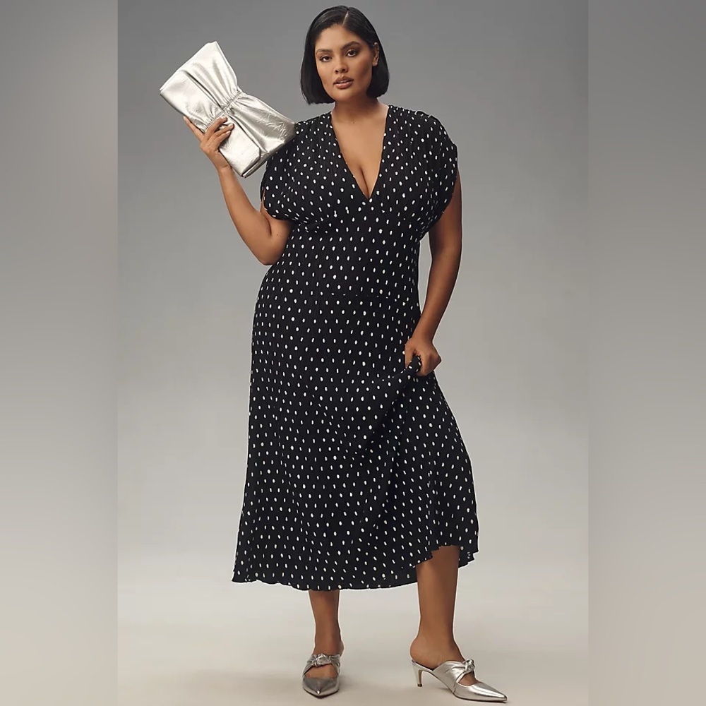 En Saison Darlene Midi Dress Polka Dot Black White Tie Back Deep V | Plus 3X